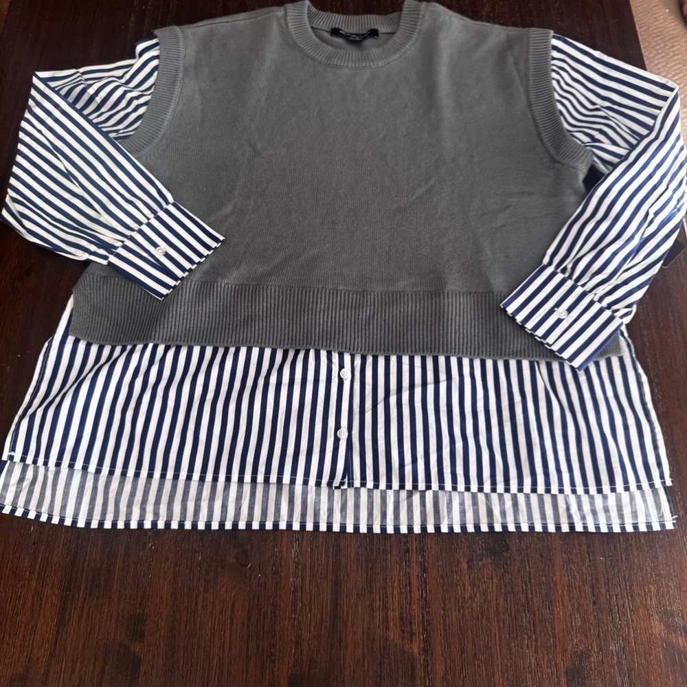French Collection Women's Notch Collar Sweater Vest 2fer Stripes Gray Blue XL